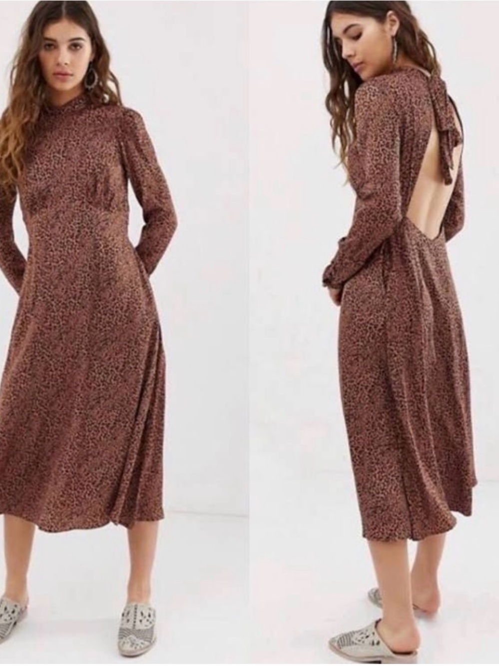 Free People Brown Animal-Print Long Sleeve Midi Dress